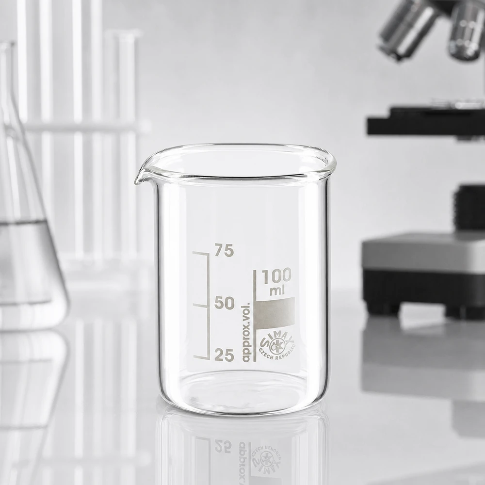 Kádinka 100ml z borosilikátového skla, nízký tvar. Dickwandiges Becherglas 100ml niedrige Form aus temperaturbeständigem Borosilikatglas