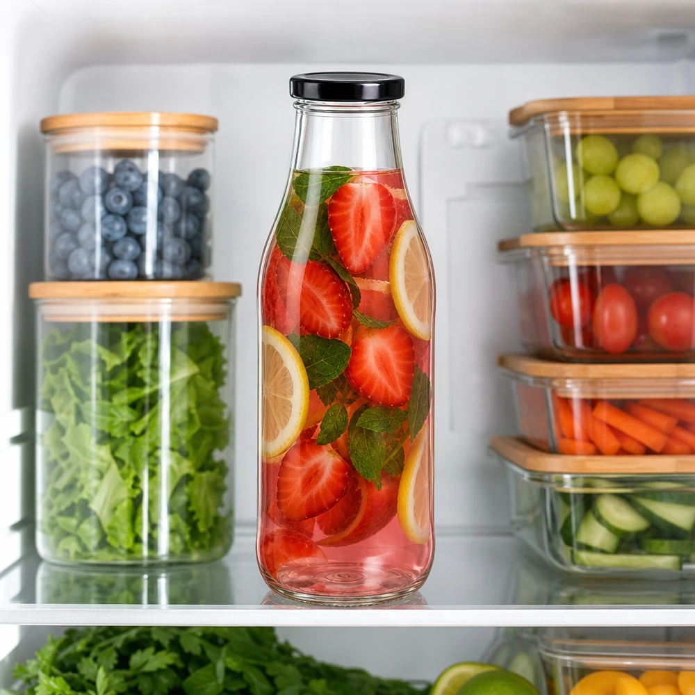 1000ml skleněná láhev + víčko BasicSeal černé UNiTWIST 1000ml Glasflasche mit Erdbeer-Zitronen-Getränk im Kühlschrank zwischen organisierten Lebensmittelbehältern