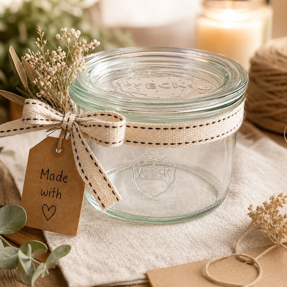 WECK Sturzglas 200ml RR80 als Geschenk dekoriert mit Schleifenband und Anhänger Made with Love