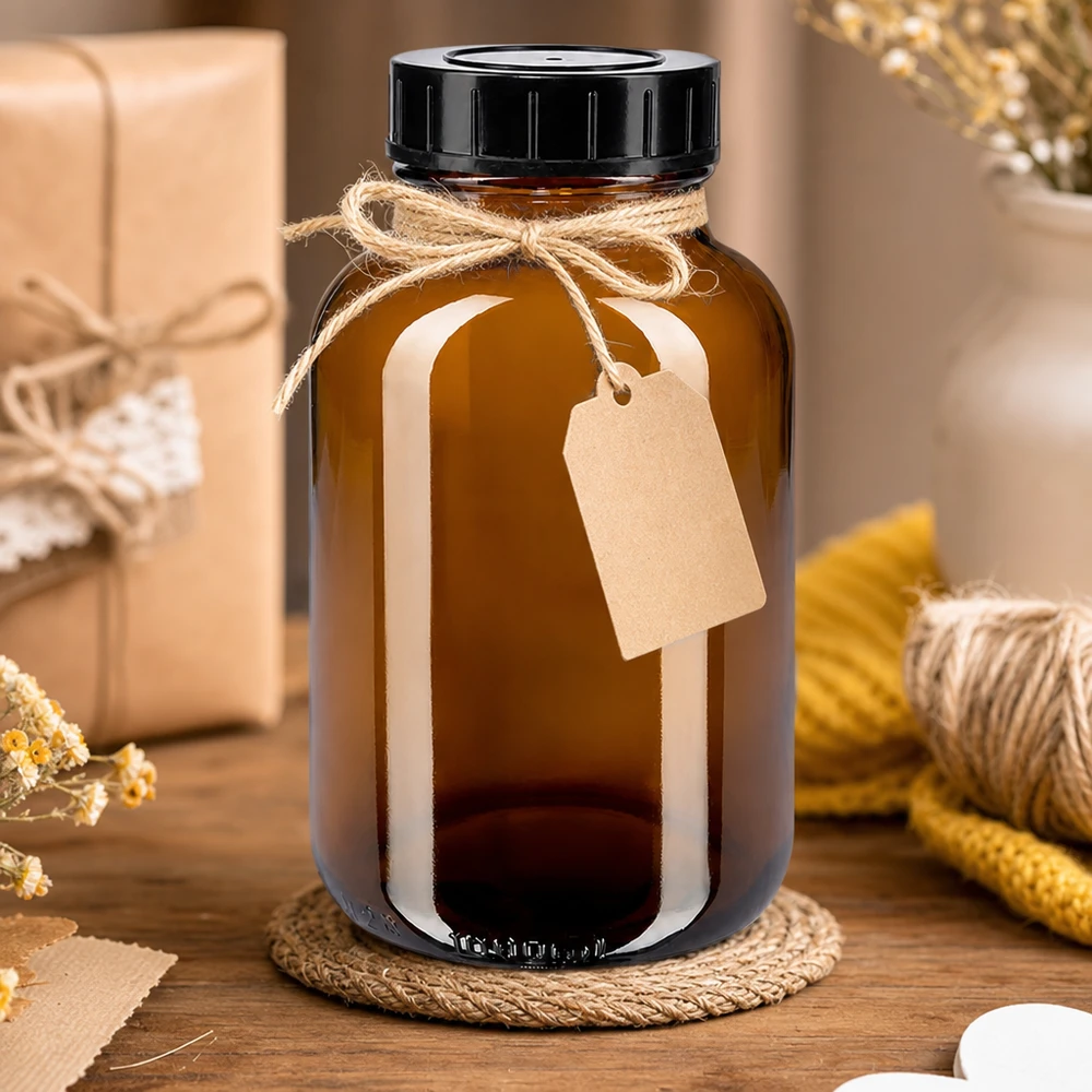 1000ml láhev se širokým hrdlem jantarové sklo se šroubovacím uzávěrem. Umweltfreundliche Glasflasche 1000ml in Braun mit wiederverwendbarem Schraubverschluss