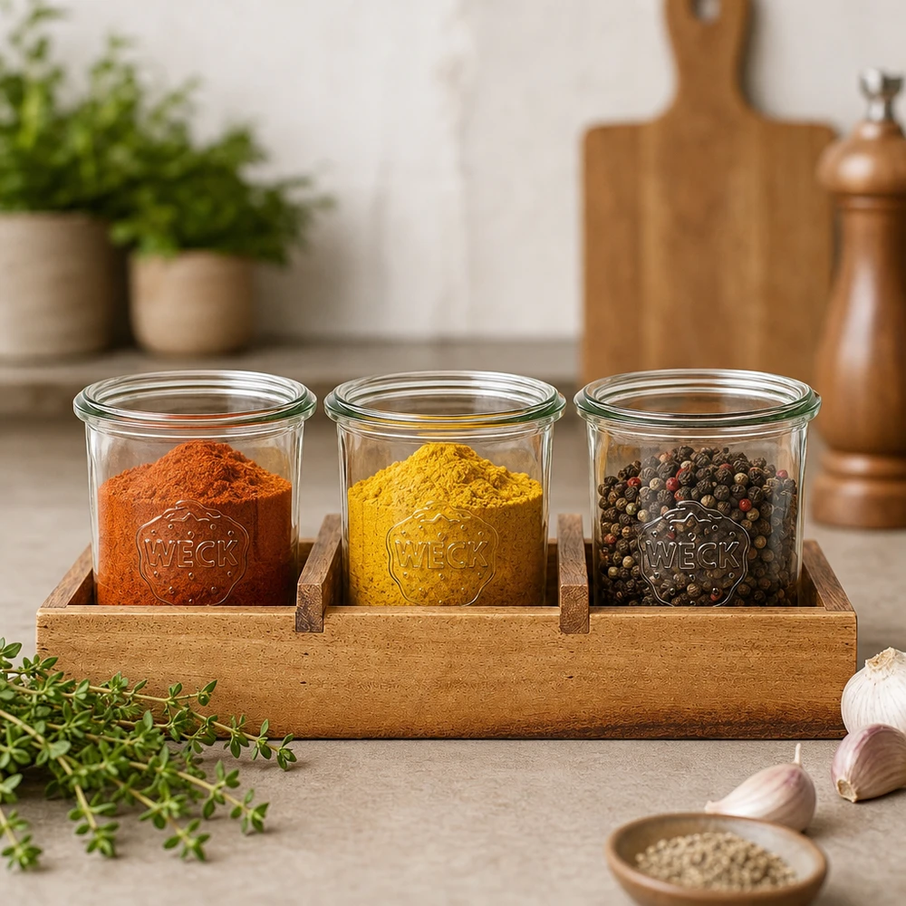 Servírovací prkénko Box3 z akáciového dřeva pro 3 tumblery WECK. Gewürz-Organisation im Akazienholz Servierbrett Box3 drei WECK Gläser mit Paprika Kurkuma Pfeffer Küchendeko
