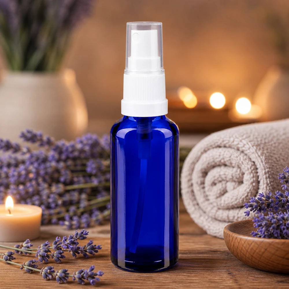 UV-geschützte 30ml Apotheker Sprayflasche blau mit transparenter Schutzkappe auf Holzoberfläche