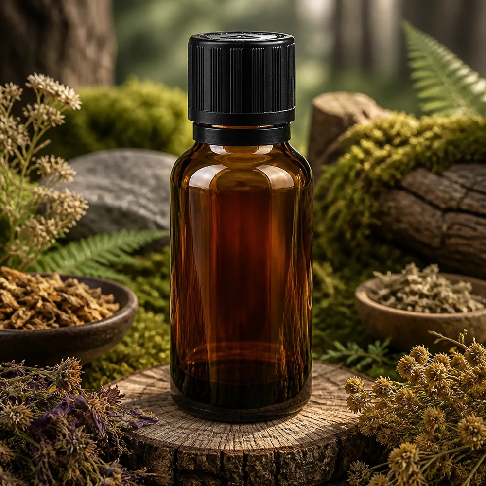 Lékárenská láhev hnědá 20ml kapátko nalévací kroužek 1mm černá dětská pojistka slepý výstražný symbol tamper evidentní uzávěr. Apotheken Braunglas 20ml mit Blindeinsatz und Originalverschluss auf Baumscheibe mit Moos