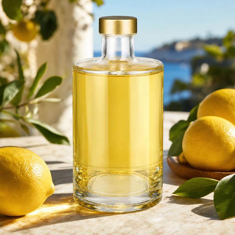 375ml Glasflasche "Sam" + Schraubverschluss gold UNiTWIST 375ml Glasflasche Sam mit Zitruslikör goldener Schraubverschluss UNiTWIST Zitronen Limoncello mediterranes Ambiente
