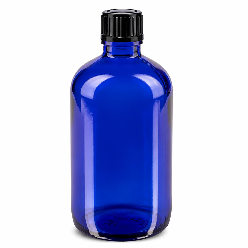 Lékárenská láhev modrá 100ml kapátko uzávěr 1mm černý standardní Blaue 100ml Glasflasche mit 1mm Tropfeinsatz STD ideal für Pharmazie Kosmetik und Laboranwendung