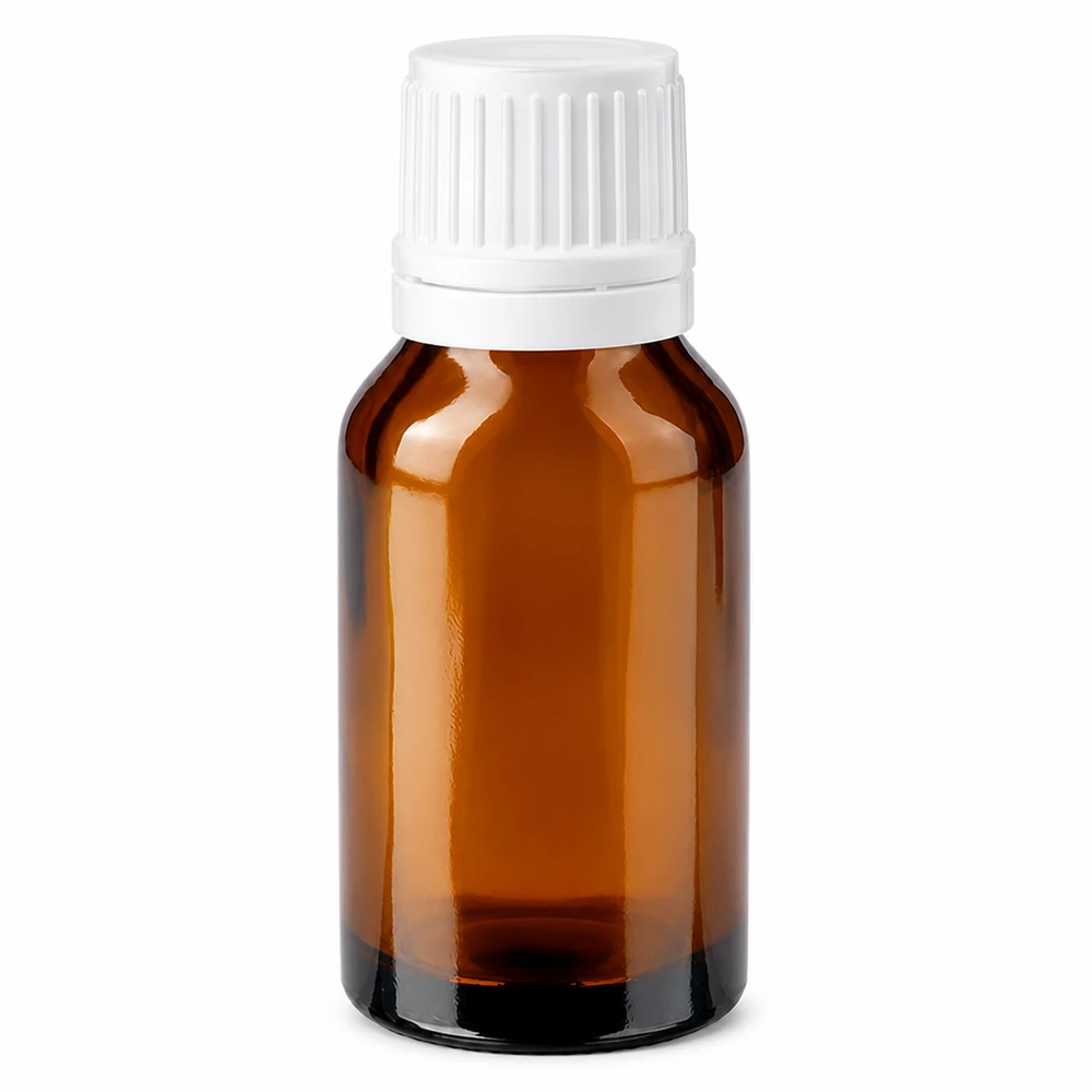 Lékárenská lahvička hnědá 30ml šroubovací uzávěr bílý bezpečnostní uzávěr. Apothekerflasche aus UV-schützendem Braunglas 30ml mit weißem Originalitätsverschluss