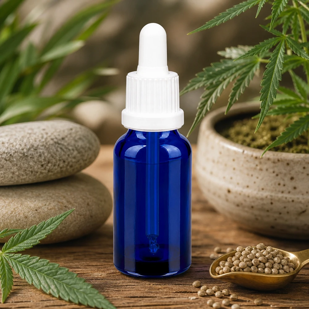 Stilvolle 20ml Tropfflasche in tiefem Blau mit matter weißer Pipette für Wellness