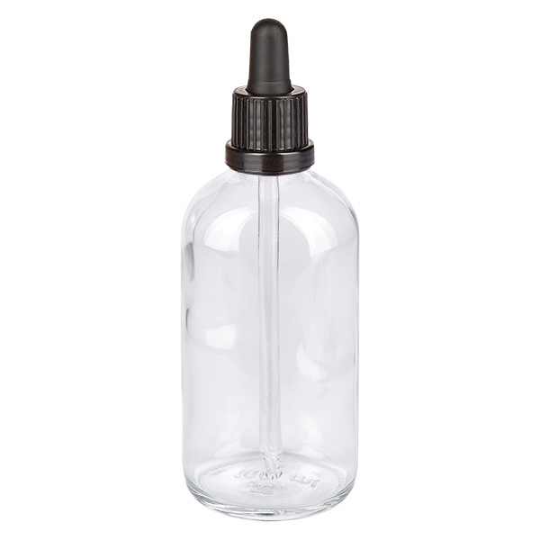 Klarglas Serumflasche 100ml mit schwarzer Messpipette für ätherische Öle und Seren