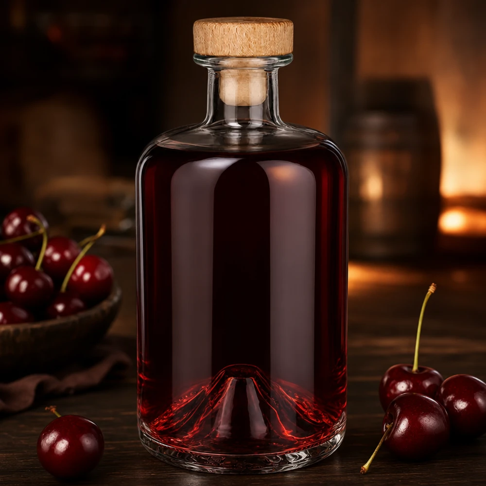500ml Apothekenflasche "Classic" mit Holzgriffkorken UNiTWIST® 500ml Glasflasche Sofia mit Holzkorken gefüllt mit roter Kirschflüssigkeit umgeben von frischen Kirschen Ambiente