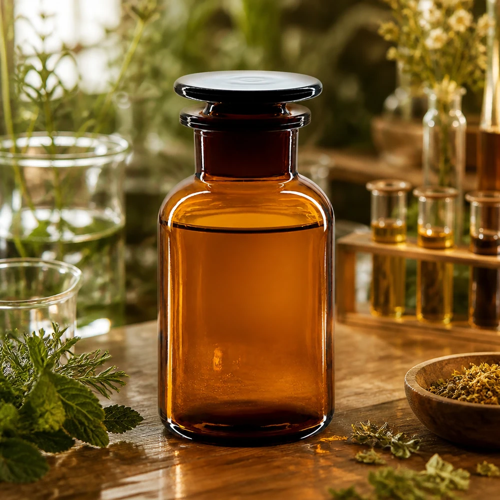Láhev s kulatým ramenem 250ml hnědá skleněná zátka se širokým hrdlem Klassische Rundschulterflasche 250ml braun mit Glasstopfen für Tinkturen und Öle