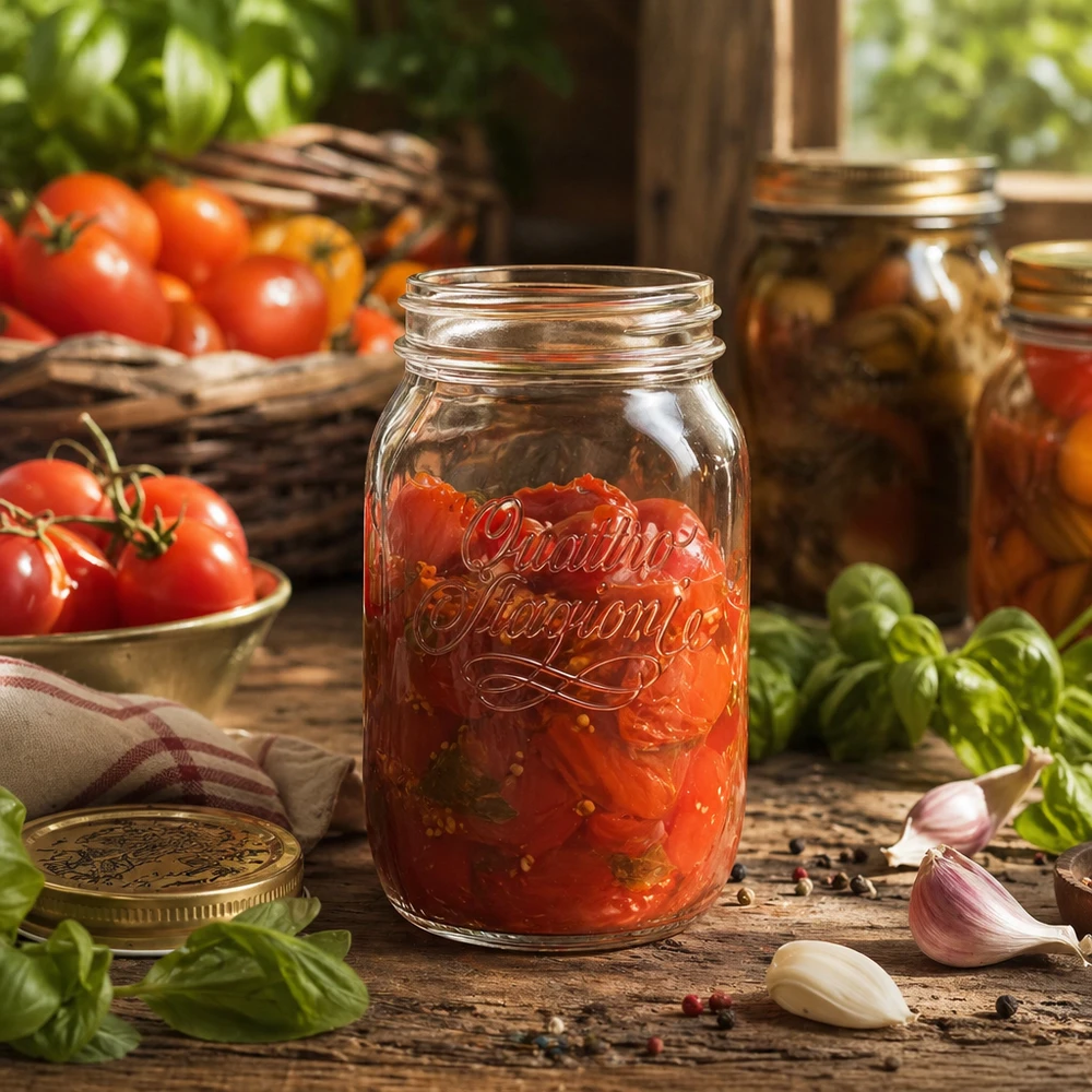 1000ml Quattro Stagioni Haushaltsglas mit Tomatensauce gefüllt auf Holztisch mit frischen Tomaten und Basilikum