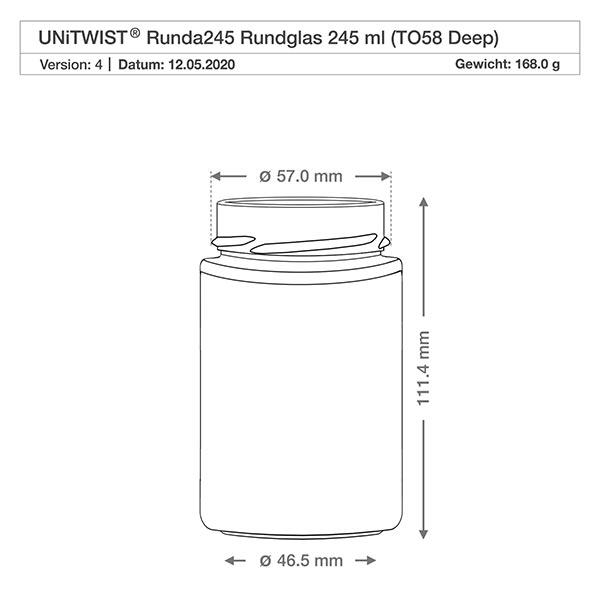 Kulatá sklenice o objemu 245 ml bez víčka (TO58deep) UNiTWIST UNiTWIST Runda245 Rundglas 245ml TO58 Deep technische Zeichnung mit Maßen 57mm Durchmesser 111,4mm Höhe 168g