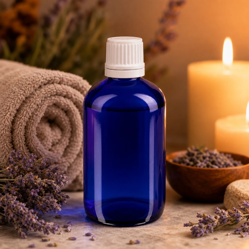 Lékárenská láhev modrá 100ml se šroubovacím uzávěrem bílá s uzávěrem proti neoprávněné manipulaci. Zylindrische blaue Apothekerflasche 100ml Fassungsvermögen mit weißem Sicherheitsverschluss