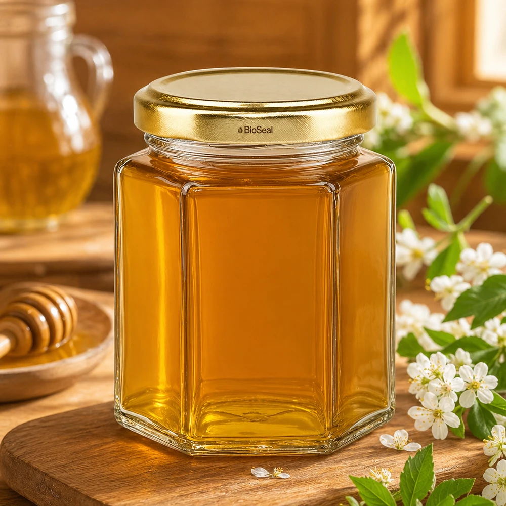Dóza hexa o objemu 196 ml se zlatým víčkem UNiTWIST BioSeal. UNiTWIST Hexa196 Honigglas mit goldenem TO58 BioSeal Deckel neben Honigwabe und Blütenzweig auf Holztisch