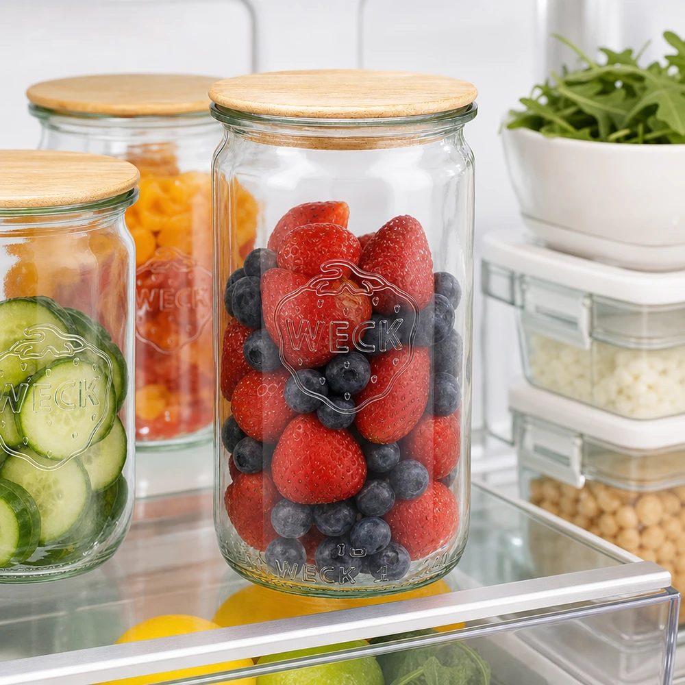 340ml válcová sklenice WECK RR60 s dřevěným víčkem buk. WECK Zylinderglas 340ml RR60 mit Holzdeckel gefüllt mit frischen Beeren im Kühlschrank als Frischhalteglas