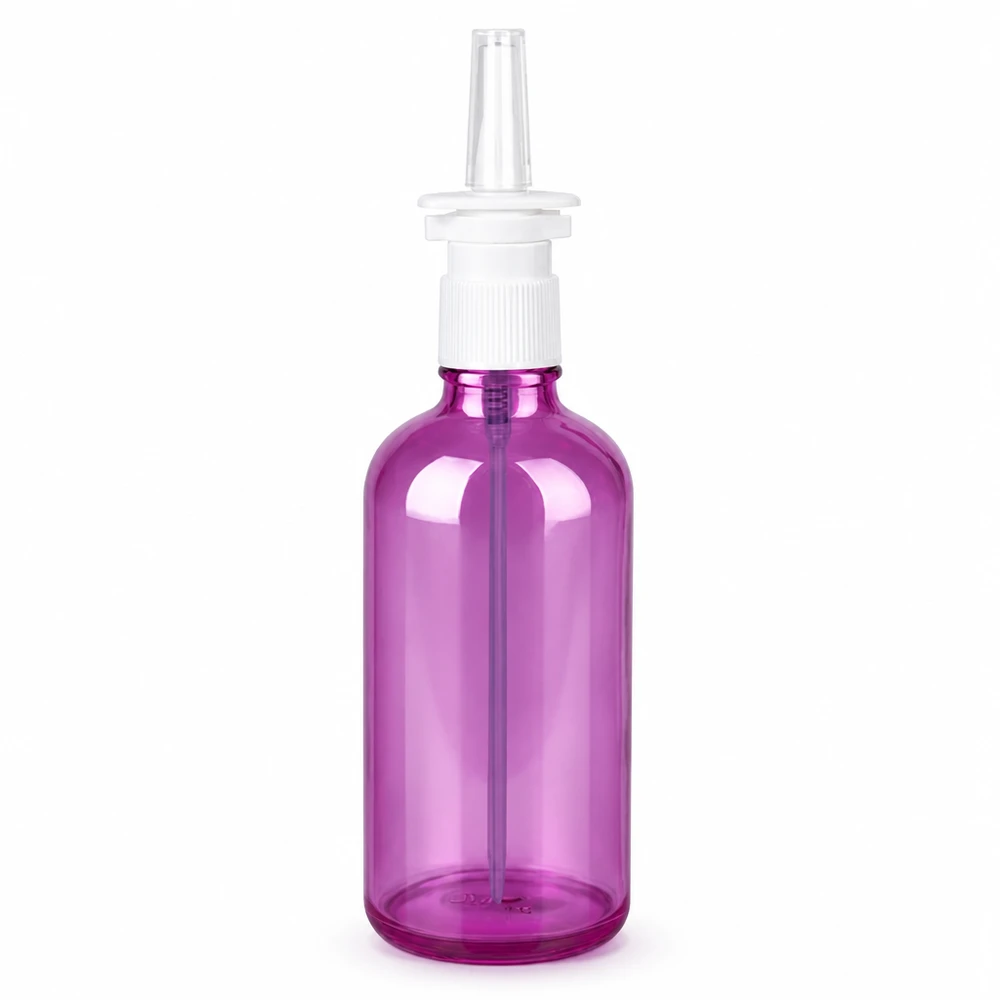 100ml lahvička s nosním rozprašovačem bílá/transparentní standardní PurpleLine UT18/100 Runde 100ml Sprayflasche lila transparent PurpleLine Serie mit UT18 Verschluss