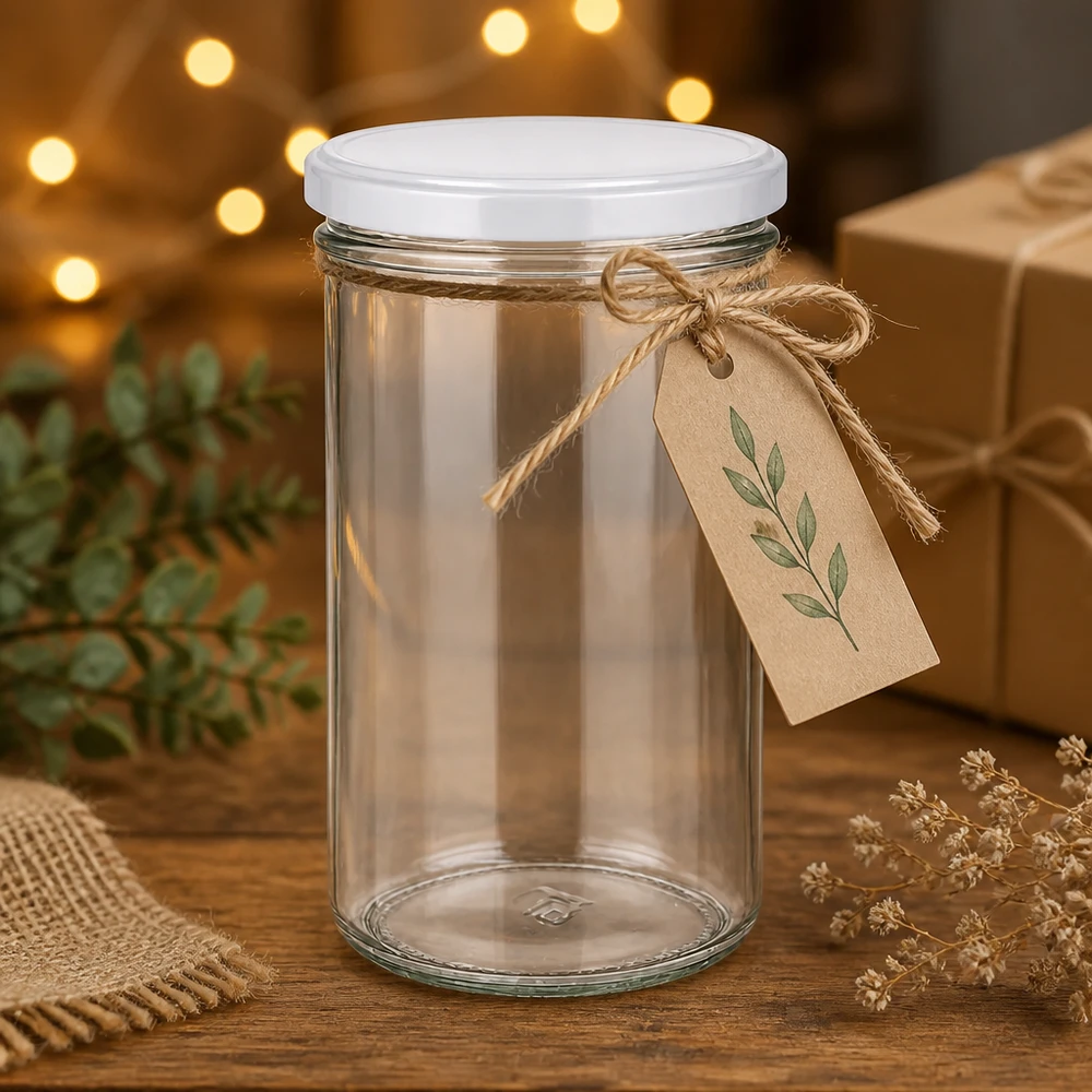 277ml zavařovací sklenice s víčkem BasicSeal bílá UNiTWIST Leeres 277ml Sturzglas mit weißem Deckel als Geschenkidee dekoriert mit Kraftpapier-Anhänger und Jute-Band