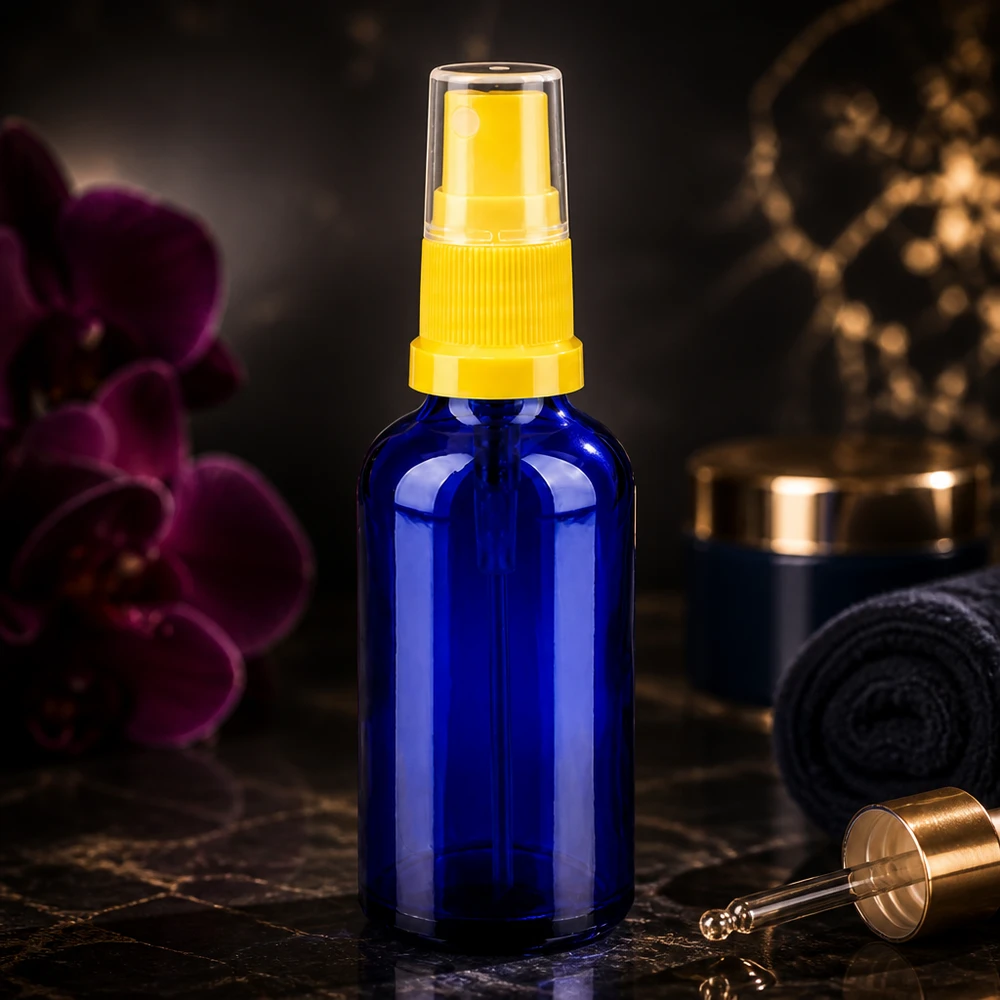 50ml lahvička s rozprašovačem žlutá/transparentní standardní uzávěr BlueLine UT18/50 Premium 50ml Sprühbehälter aus getöntem Glas mit Standardverschluss für pharmazeutische Anwendungen