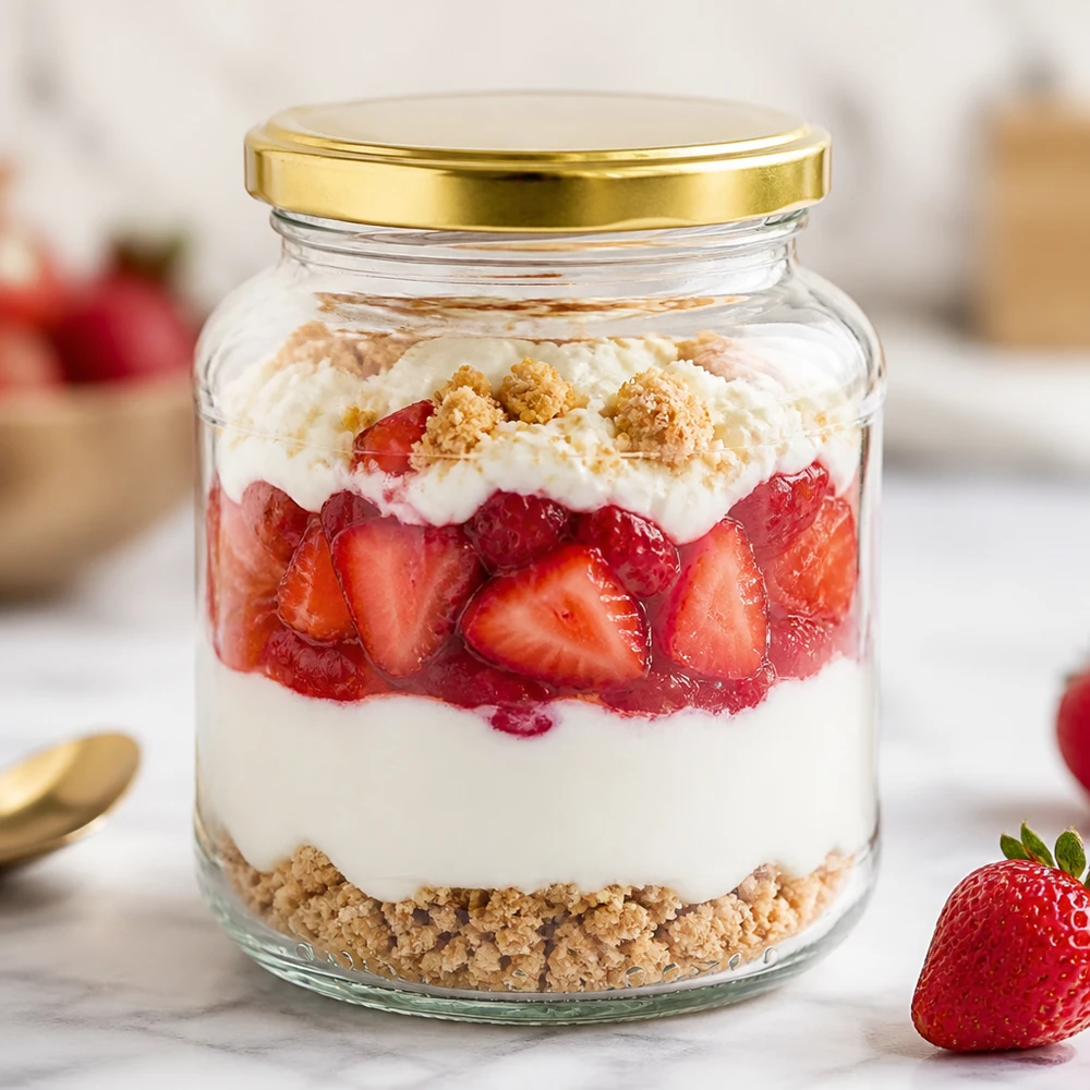 370ml oválná sklenice s víčkem BasicSeal zlatá UNiTWIST 370ml Ovalglas mit goldenem BasicSeal Deckel UNiTWIST gefüllt mit Erdbeer-Dessert Schichtdessert im Vorratsglas