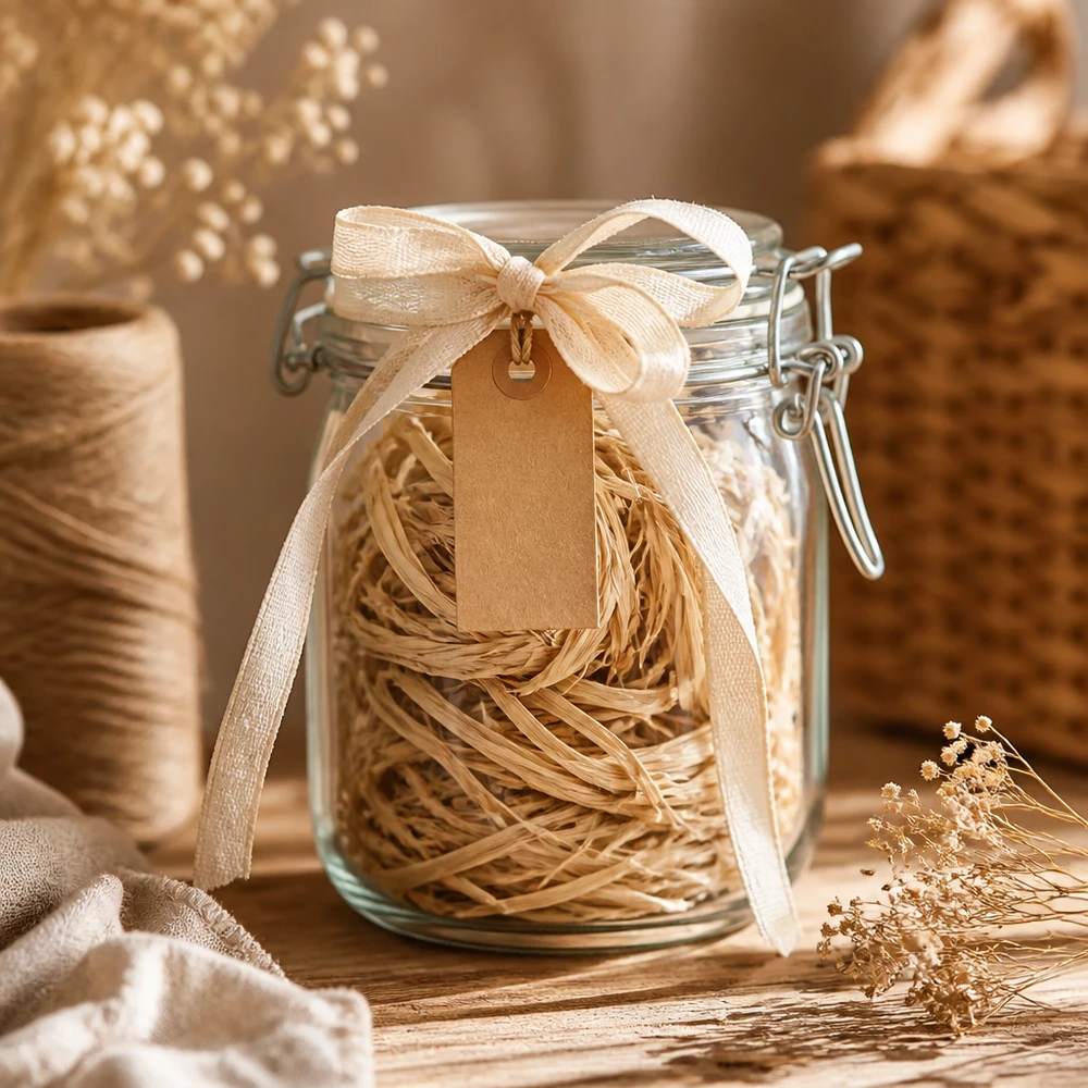 Naturbast 30g im Einmachglas mit Schleife und Etikett als Geschenkidee für kreative Bastelprojekte und Dekoration