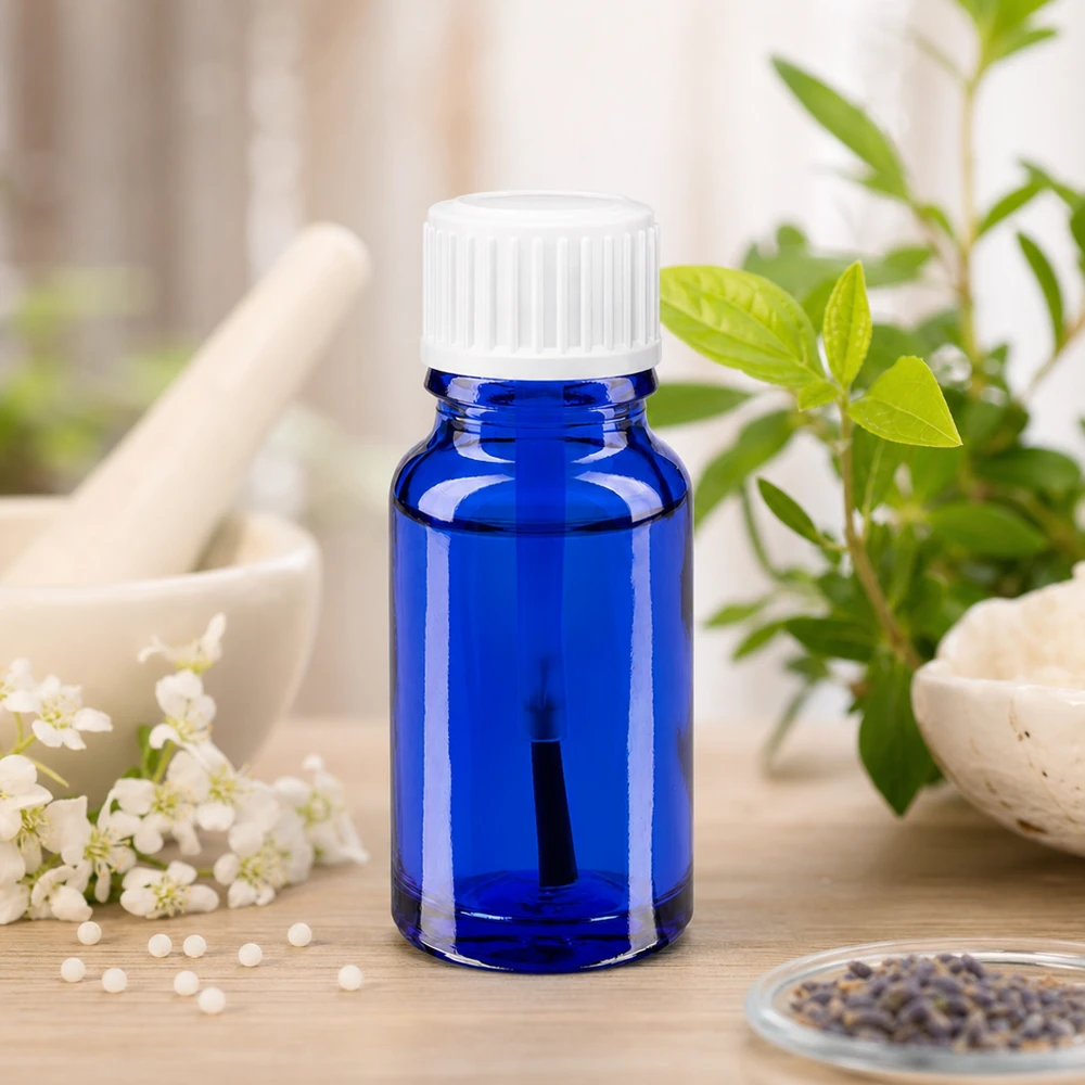 Lékárenská lahvička modrá 10ml šroubovací uzávěr bílá kartáčová Blaues Apothekerfläschchen 10ml mit kindersicherem Pinseldeckel für homöopathische Zubereitungen