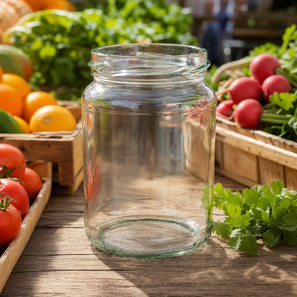 Kulatá sklenice o objemu 205 ml bez víčka (TO58) UNiTWIST UNiTWIST Runda205 Rundglas 205ml TO58 Einmachglas auf Holztisch mit frischem Gemüse Tomaten Radieschen