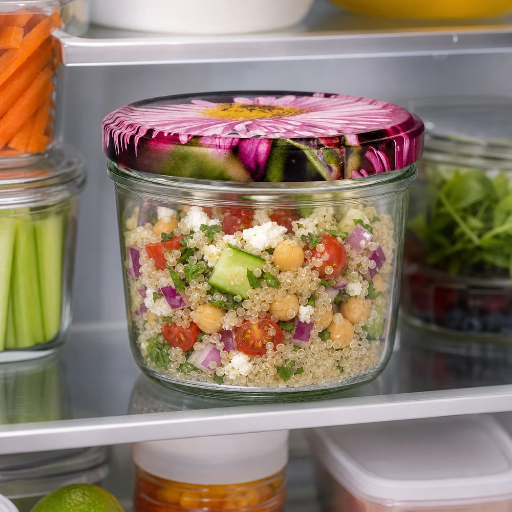 230ml kelímky + víčko BasicSeal v květinovém designu UNiTWIST Sturzglas 230ml mit BasicSeal Blütendeckel im Kühlschrank, gefüllt mit Quinoa-Salat und Gemüse als Meal-Prep