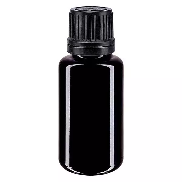 Lékárenská láhev fialová 20ml šroubovací uzávěr černý nalévací kroužek tamper evident uzávěr.