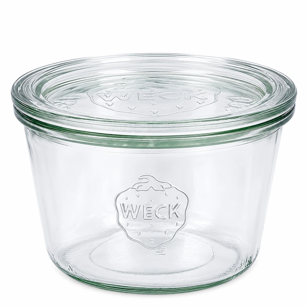 Zavařovací sklenice 370ml se skleněným víčkem WECK RR100 WECK Sturzglas 370ml mit Glasdeckel RR100 transparentes Einmachglas mit Relief-Logo für Konservierung