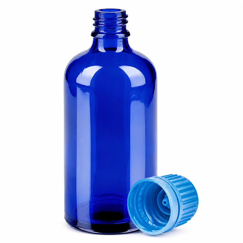 100ml láhev 11mm šroubovací uzávěr modrý uzávěr s ochranou proti manipulaci BlueLine UT18/100 Kompakte 100ml Flasche in leuchtendem Blau mit OV Verschluss für präzise Dosierung