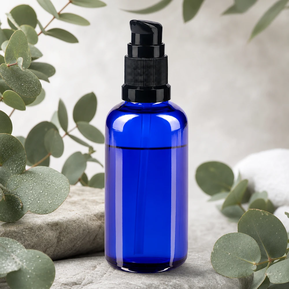 Lékárenská láhev modrá 50ml pumpovací uzávěr černý standardní UV-schützende blaue 50ml Apothekerflasche mit schwarzem Pumpverschluss