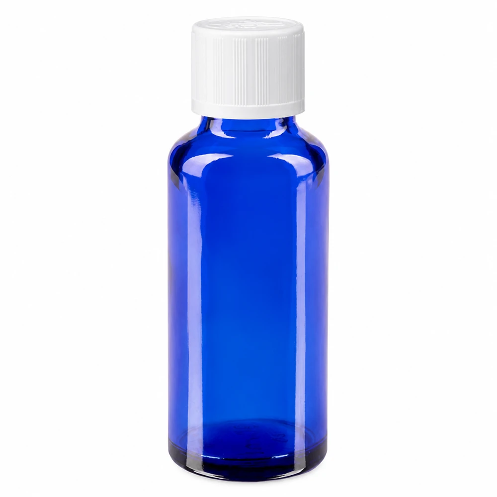 Blaues Apothekerglas 30ml UV-Schutz mit kindersicherem weißem Verschluss und 1,2mm Tropfer