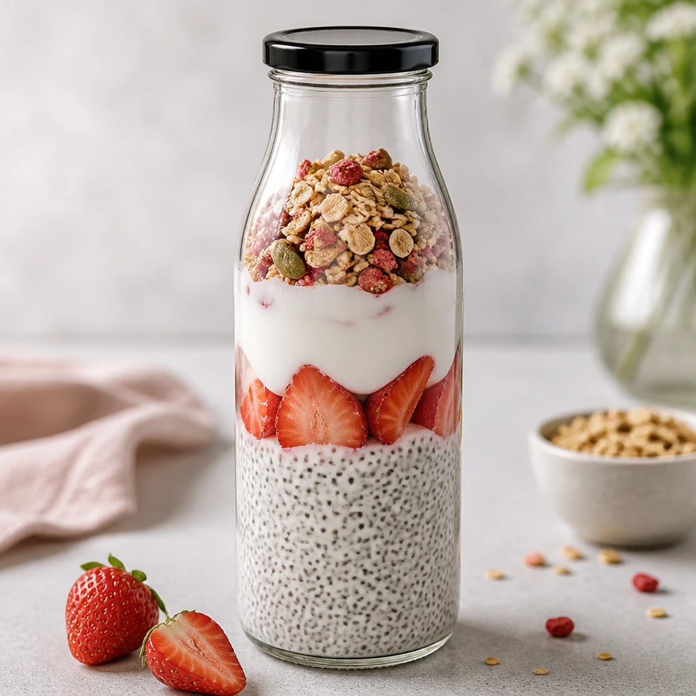 500ml skleněná láhev + víčko BasicSeal černé UNiTWIST 500ml Glasflasche mit schwarzem Deckel für Chia-Pudding mit Erdbeeren und Müsli Overnight Oats Frühstück