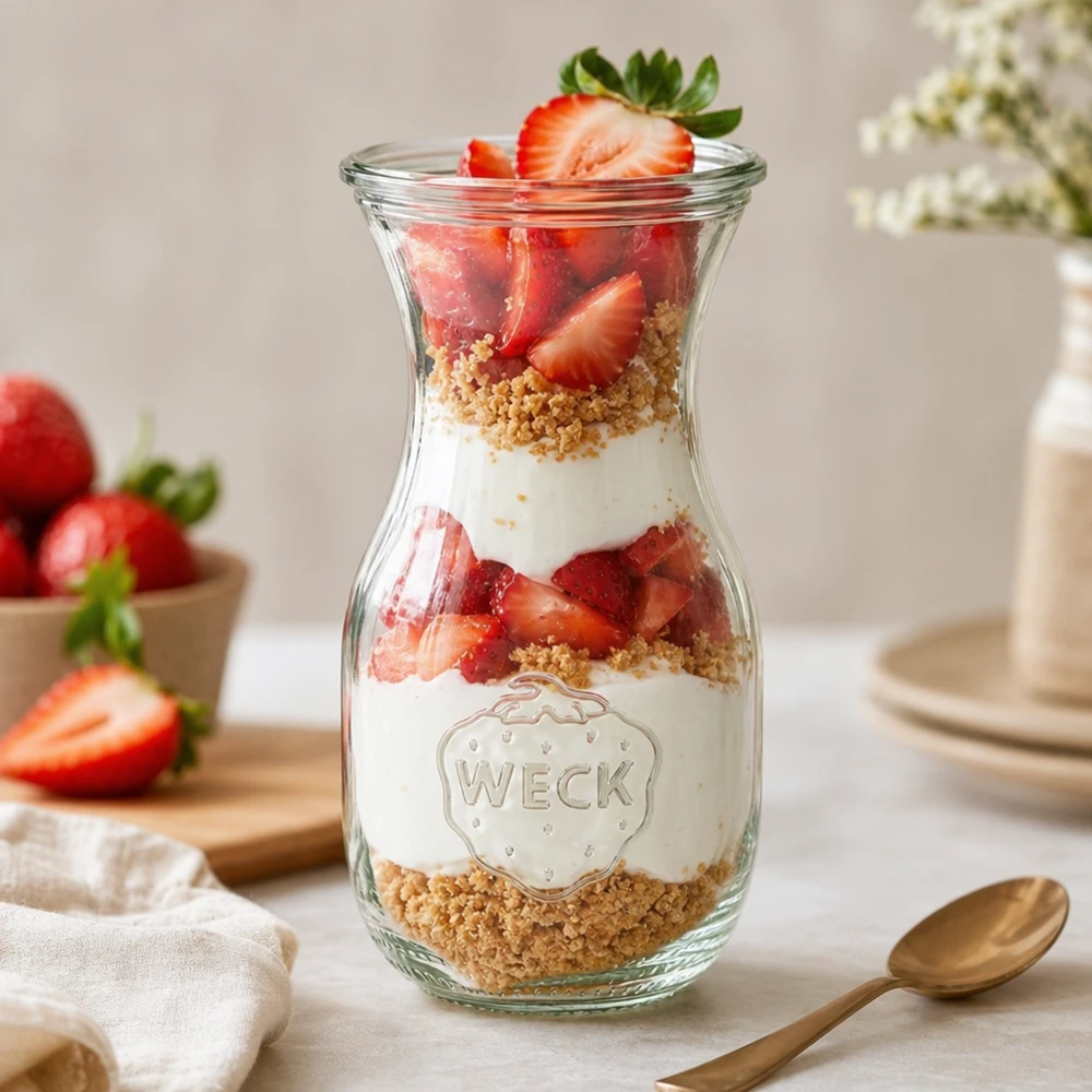 290ml láhev na šťávu WECK se skleněným víčkem RR60 WECK Saftflasche 290ml RR60 als Dessertglas mit Erdbeeren Joghurt und Kekskrümeln geschichtet auf weißem Tisch