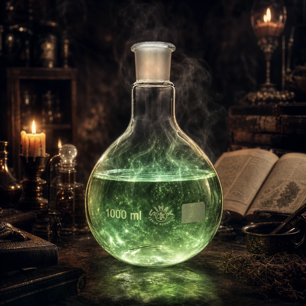 Baňka 1000ml se standardním broušeným spojem (29/32) Reaktionskolben 1000ml mit dampfender grüner Chemikalie und präzisem Schliffstopfen