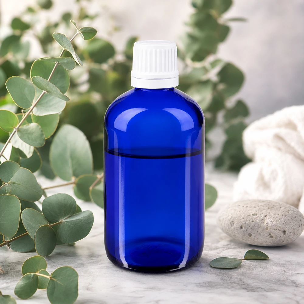 Lékárenská láhev modrá 20ml kapátko bílé uzávěr odolný proti dětem standardní Lichtgeschützte blaue Glasflasche 20ml mit weißem Kindersicherheitsverschluss und Natursteindekor