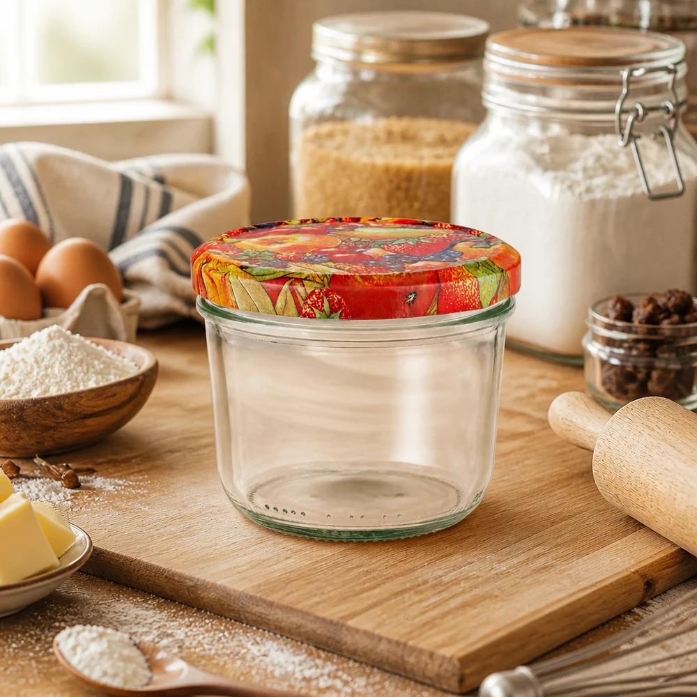 230ml kelímky + víčko BasicSeal s ovocným dekorem UNiTWIST. Leeres 230ml Sturzglas mit BasicSeal Obstdekor-Deckel in Küche auf Holzbrett neben Backzutaten und Vorratsgläsern