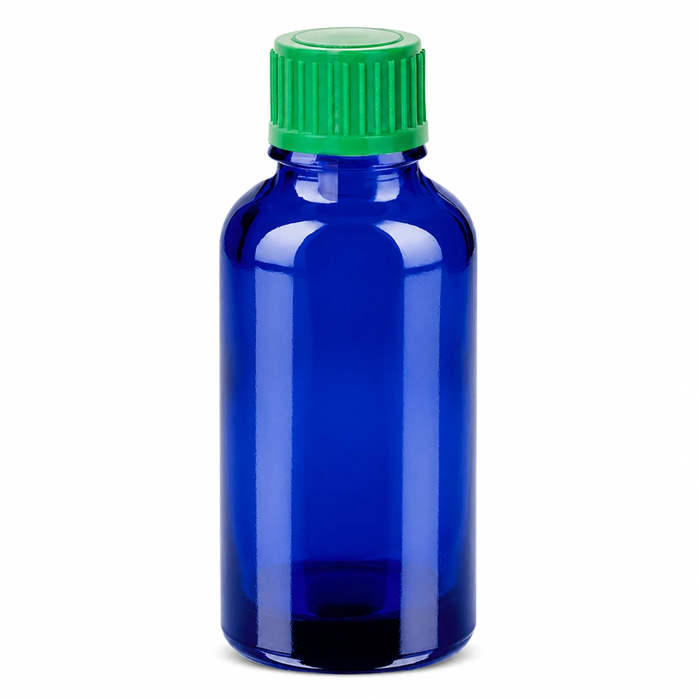 30ml lahvička s kapátkem 0,8 mm zelená standardní uzávěr BlueLine UT18/30 30ml Tropfflasche BlueLine für exakte Dosierung von Medikamenten und Extrakten