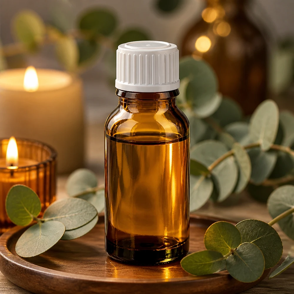 Kompakte Tropfflasche 15ml in Bernsteinfarbe mit weißem Schraubverschluss und Eukalyptusblättern