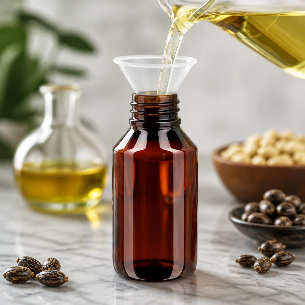 PET láhev 50ml se zeleným uzávěrem, který je odolný proti manipulaci. Jantarově zbarvená PET láhev o objemu 50 ml se zeleným uzávěrem, určená k plnění rostlinnými oleji a extrakty