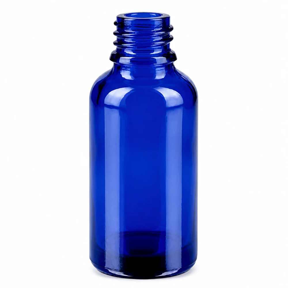 Kompakte blaue 30ml Glasflasche mit Tropfverschluss optimal für Aromatherapie und Kosmetik