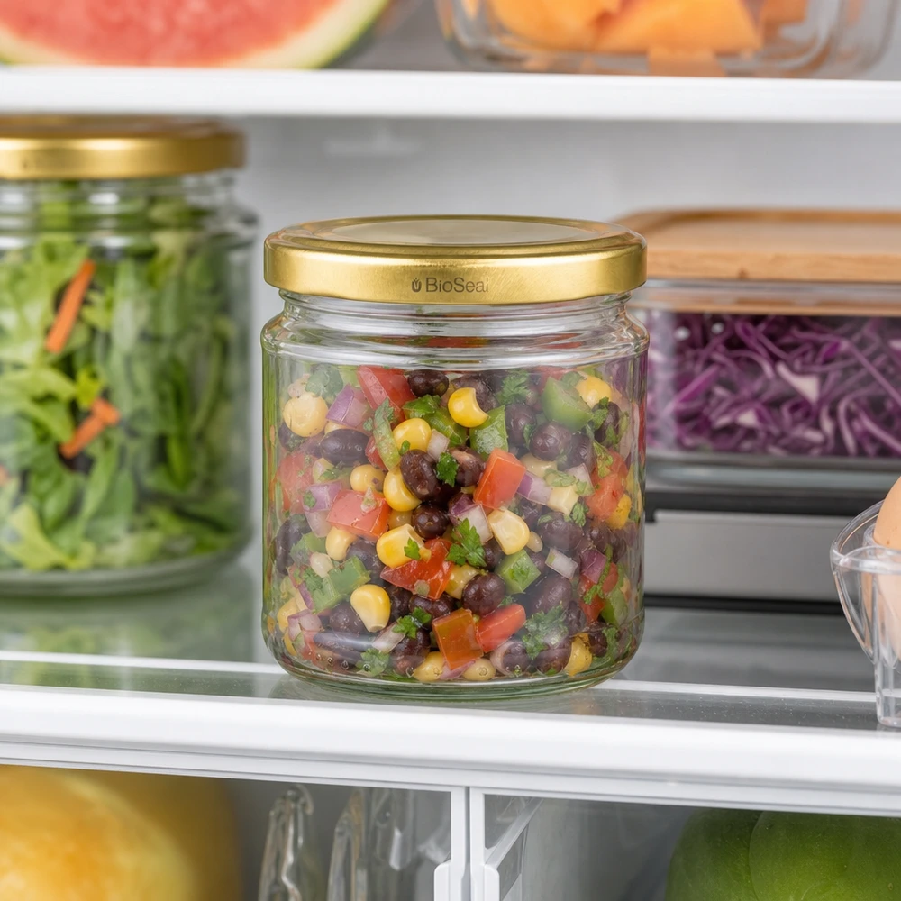 Kulatá sklenice o objemu 212 ml se zlatým víčkem UNiTWIST BioSeal. UNiTWIST Rundglas 212ml mit goldenem TO66 BioSeal Deckel gefüllt mit Bohnensalat im Kühlschrank gelagert