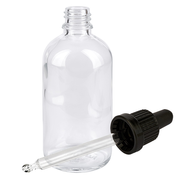 100ml pipetovací láhev černá se zajištěným uzávěrem ClearLine UT18/100 Klarglas Tropfflasche 100ml mit herausnehmbarem Glaskapillar und schwarzem Deckel ClearLine