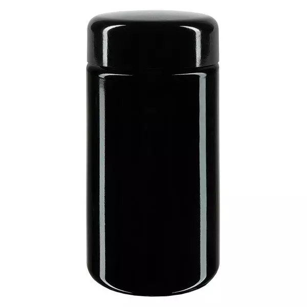 Dóza se širokým hrdlem+ fialové sklo 100ml, s černým víčkem Dóza se širokým hrdlem+ fialové sklo 100ml, s černým víčkem