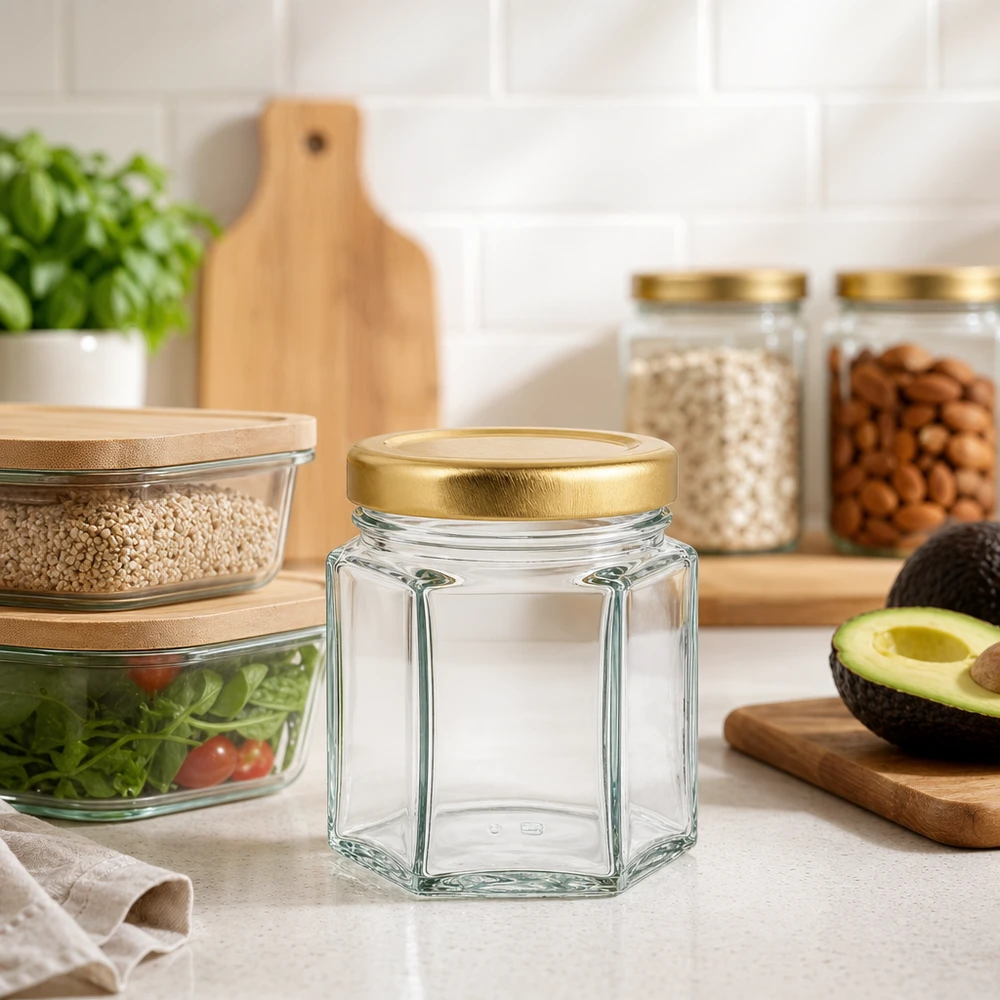 60g Honigglas mit goldenem Deckel BasicSeal UNiTWIST 60g Honigglas hexagonal leer in moderner Küche mit Vorratsgläsern Avocado und Holzbrett als Dekoration