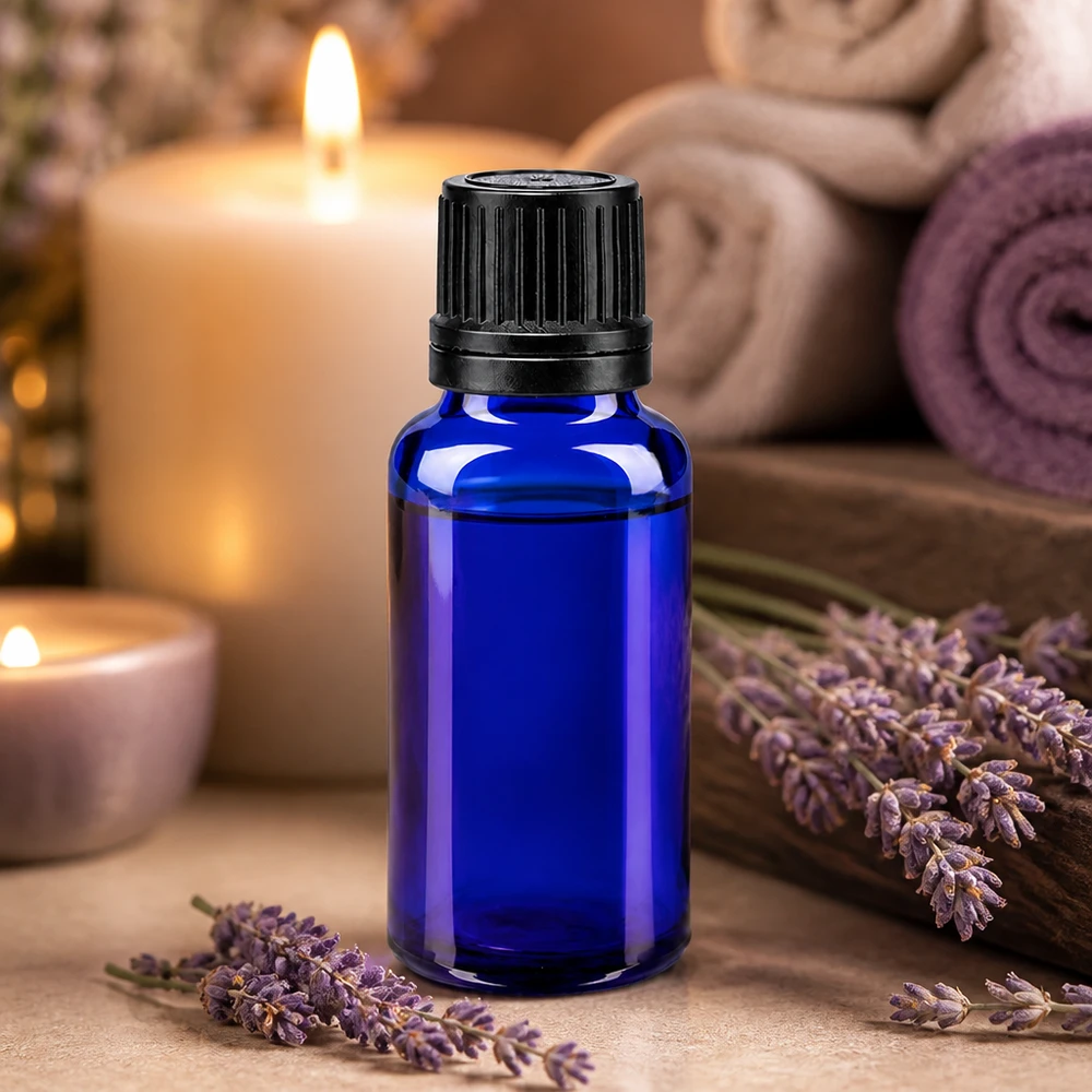 Lékárenská lahvička modrá 20ml kapátko bílé 0,8mm standardní 20ml blaue Rollerflasche STD aus hochwertigem ApoGlas für Naturkosmetik und ätherische Öle