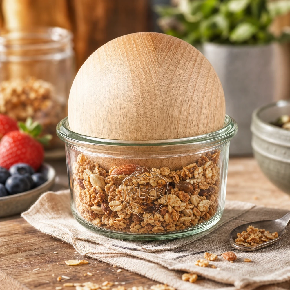 Skleněná nádoba 165ml WECK RR80 s dřevěnou kuličkou buk. WECK Sturzglas 165ml RR80 gefüllt mit Nüssen und Buchenkugel-Deckel als Vorratsbehälter in der Küche
