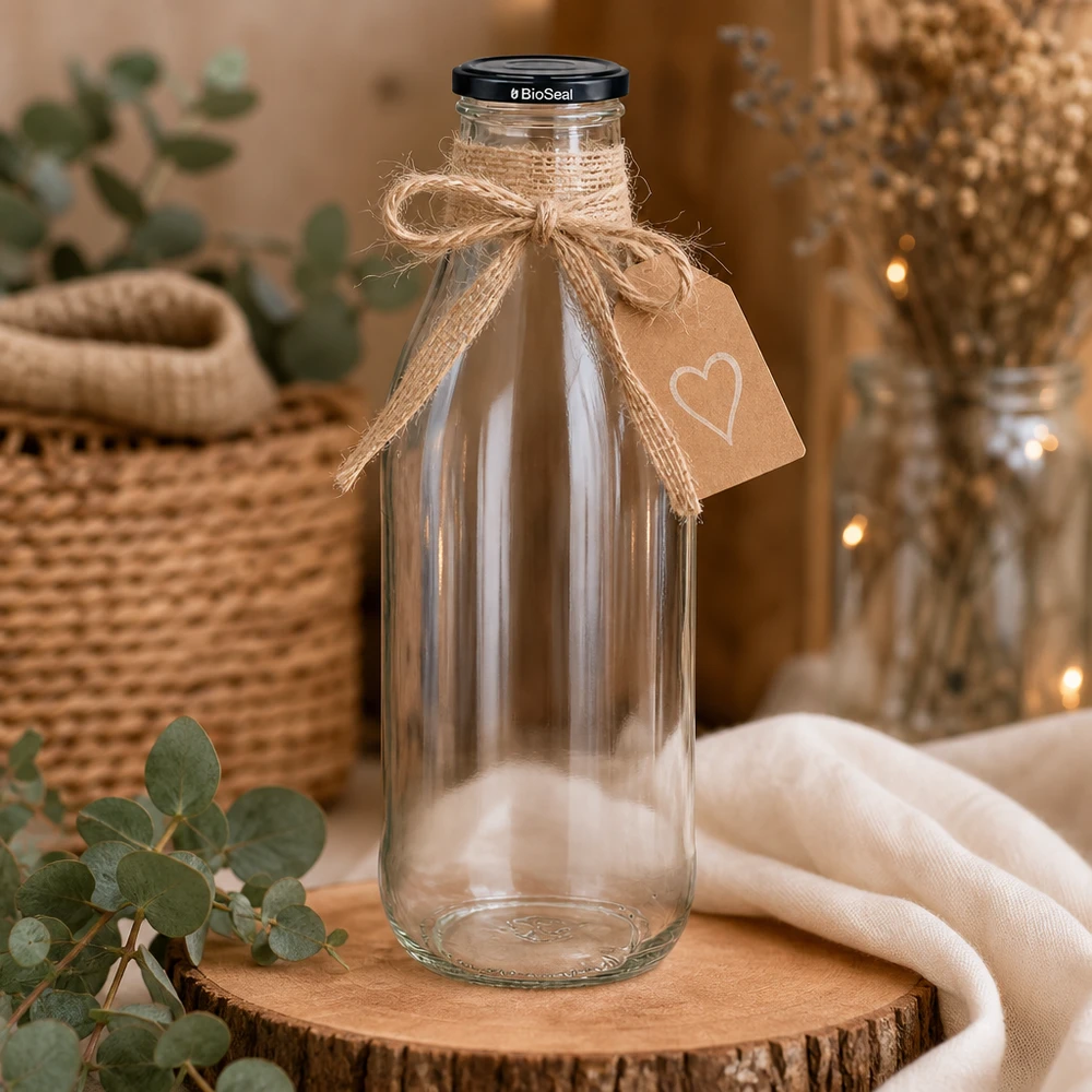 1000ml Glasflasche BioSeal Deckel auf Holzscheibe dekoriert Juteschleife Herzanhänger rustikale Deko nachhaltig