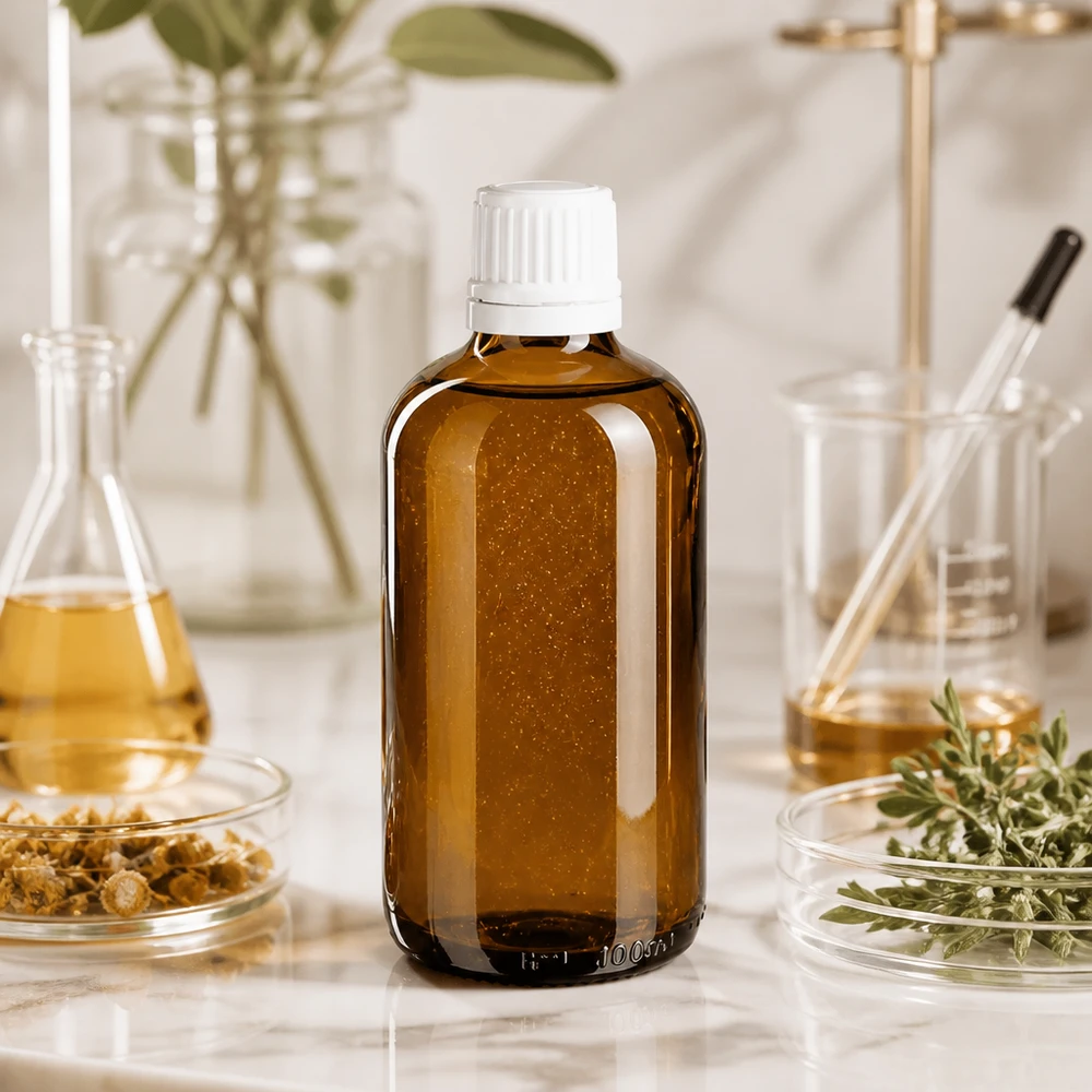 Lékárenská láhev hnědá 100ml šroubovací uzávěr bílý nedotknutelný uzávěr. Bernsteinfarbene 100ml Glasflasche mit weißem Originalitätsverschluss für Pflanzentinkturen