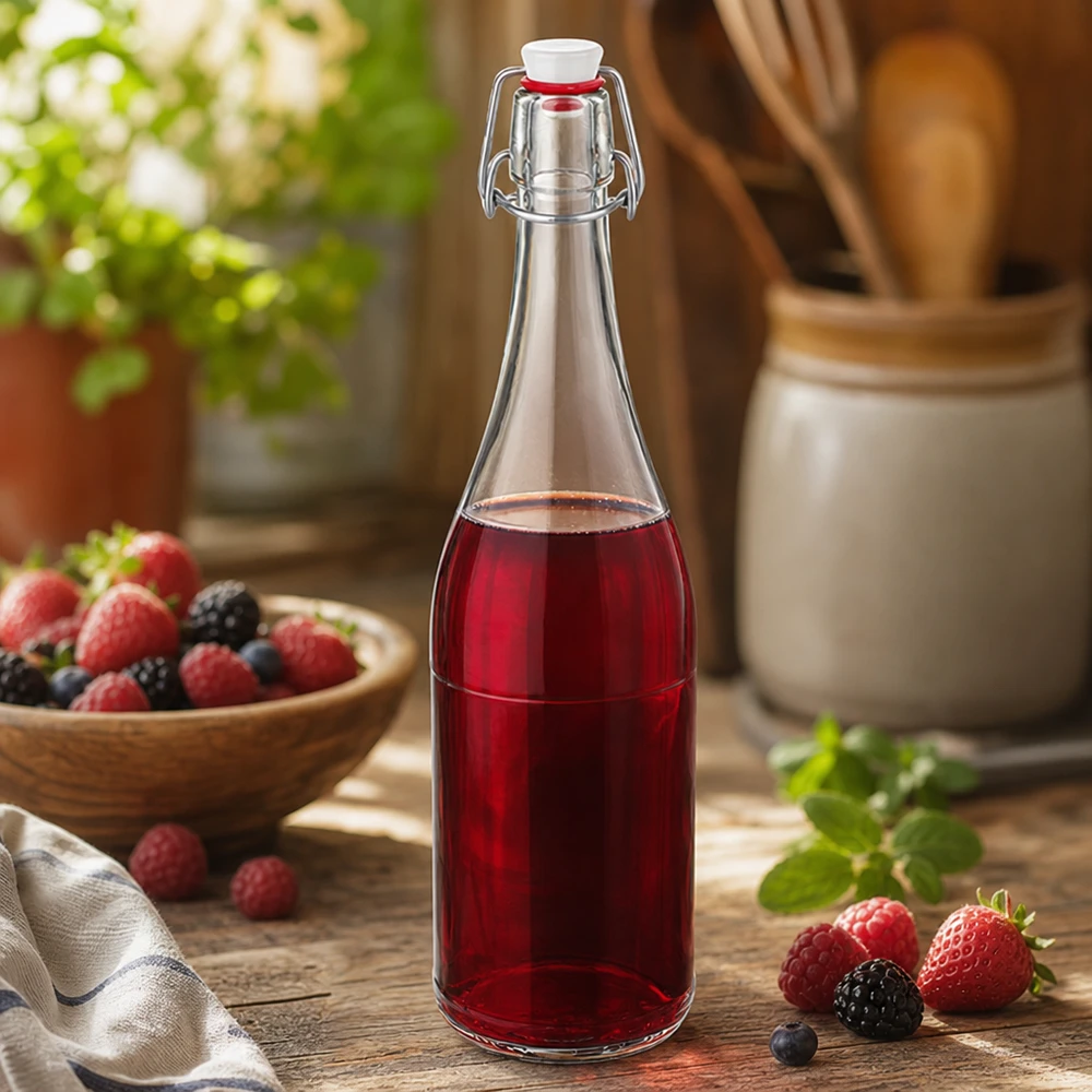 Skleněná láhev o objemu 750 ml + otočný uzávěr PVC UNiTWIST 750ml Glasflasche Bügelverschluss mit Beerensaft befüllt Küchenstilleben mixed berries Fruchtgetränk rustikal